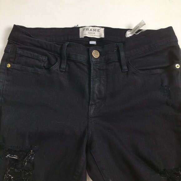 FRAME Denim Le Skinny De Jeanne Film Noir Black Wash Distressed Slim Fit Jeans - Picture 4 of 11